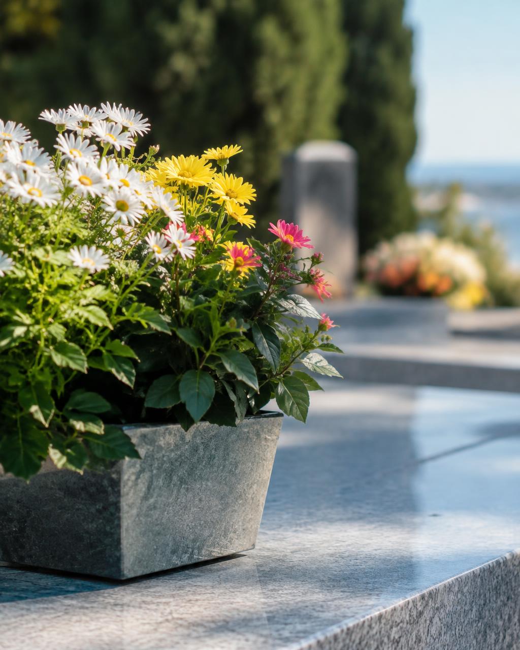 Fleurs de saison sur une dalle de granit (image d’ambiance)